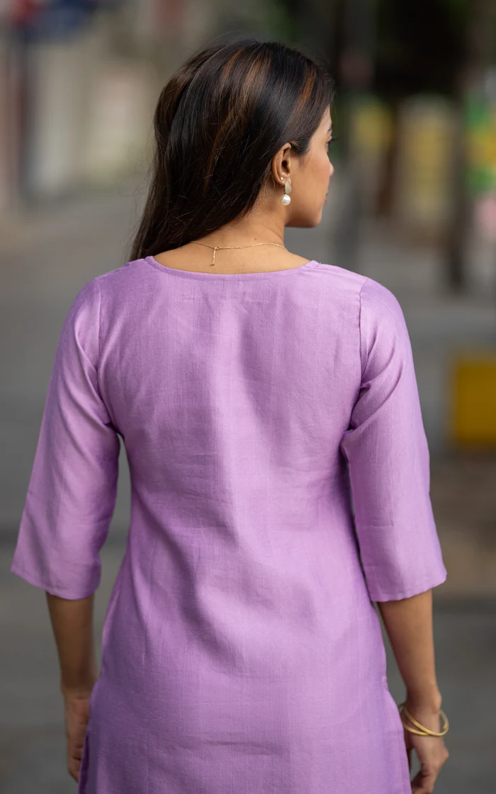Lavender Cotton Straight Kurti set with Lotus Block print - Shareen
